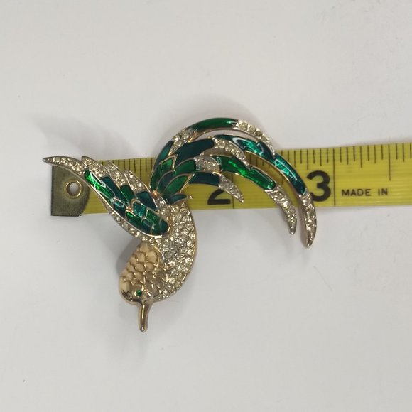 Bird Parrot Pin Brooch Green White Costume Jewelry Vintage Gold Tone Rhinestone - Picture 12 of 14